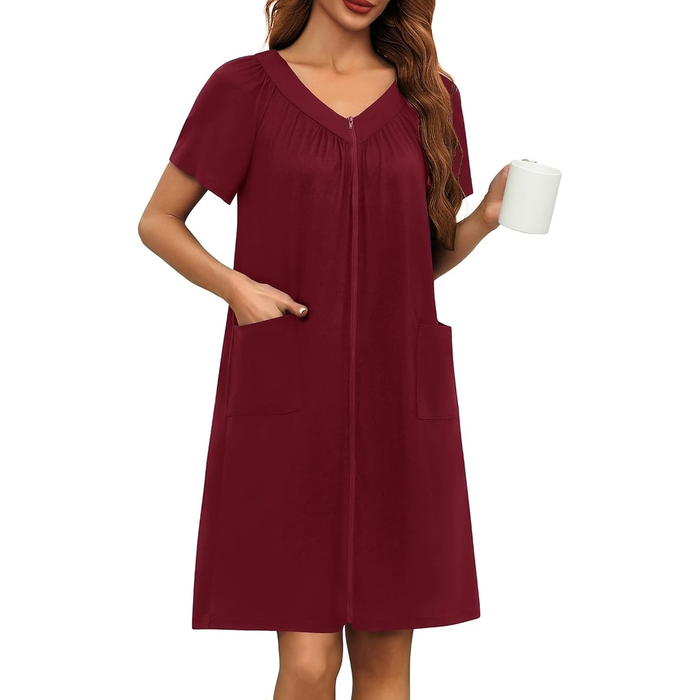 image:imageEkouaer Womens Zipper Front Mumu Duster Robes with Pockets Soft HousecoatWine Red