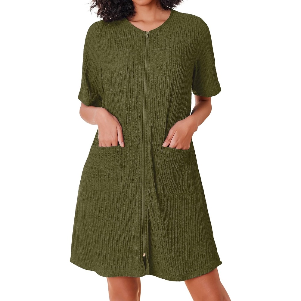 image:imageEkouaer Zip Up Robes for Women Short Knit Bathrobe with PocketsArmy Green