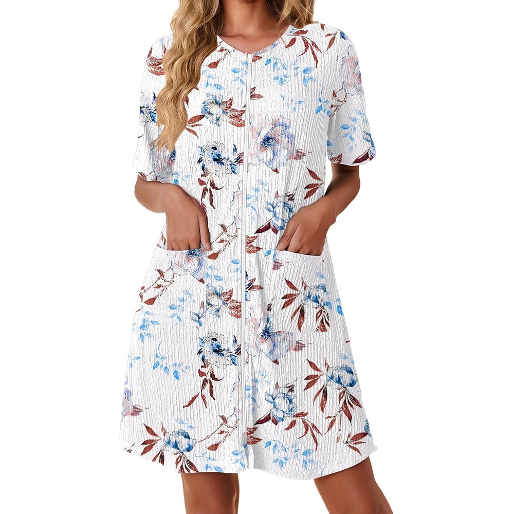 image:imageEkouaer Zip Up Robes for Women Short Knit Bathrobe with PocketsBig Floral White