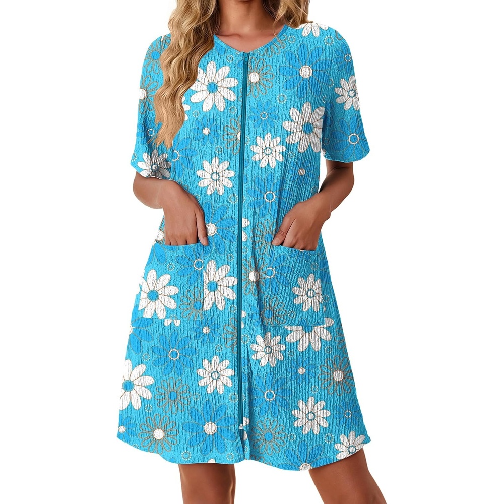 image:imageEkouaer Zip Up Robes for Women Short Knit Bathrobe with PocketsBlue White Flower