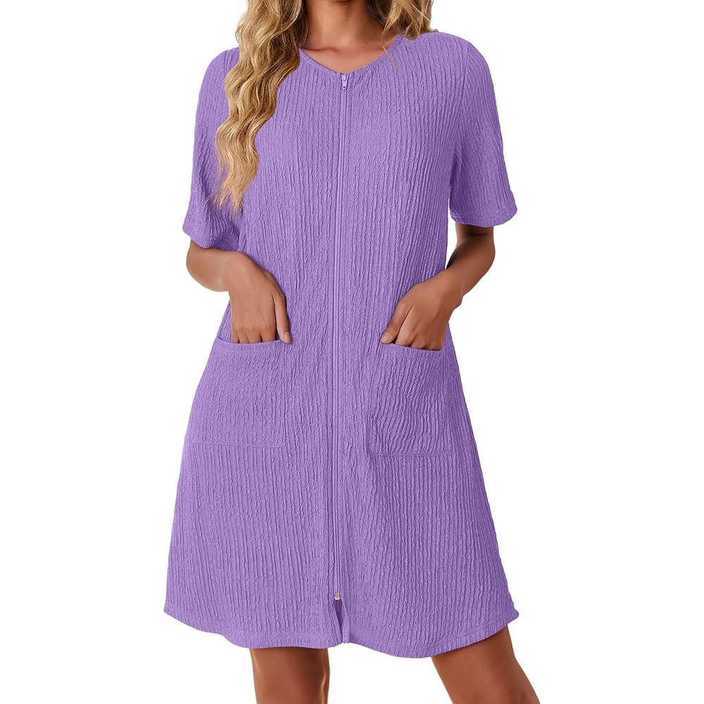 image:imageEkouaer Zip Up Robes for Women Short Knit Bathrobe with PocketsLilac