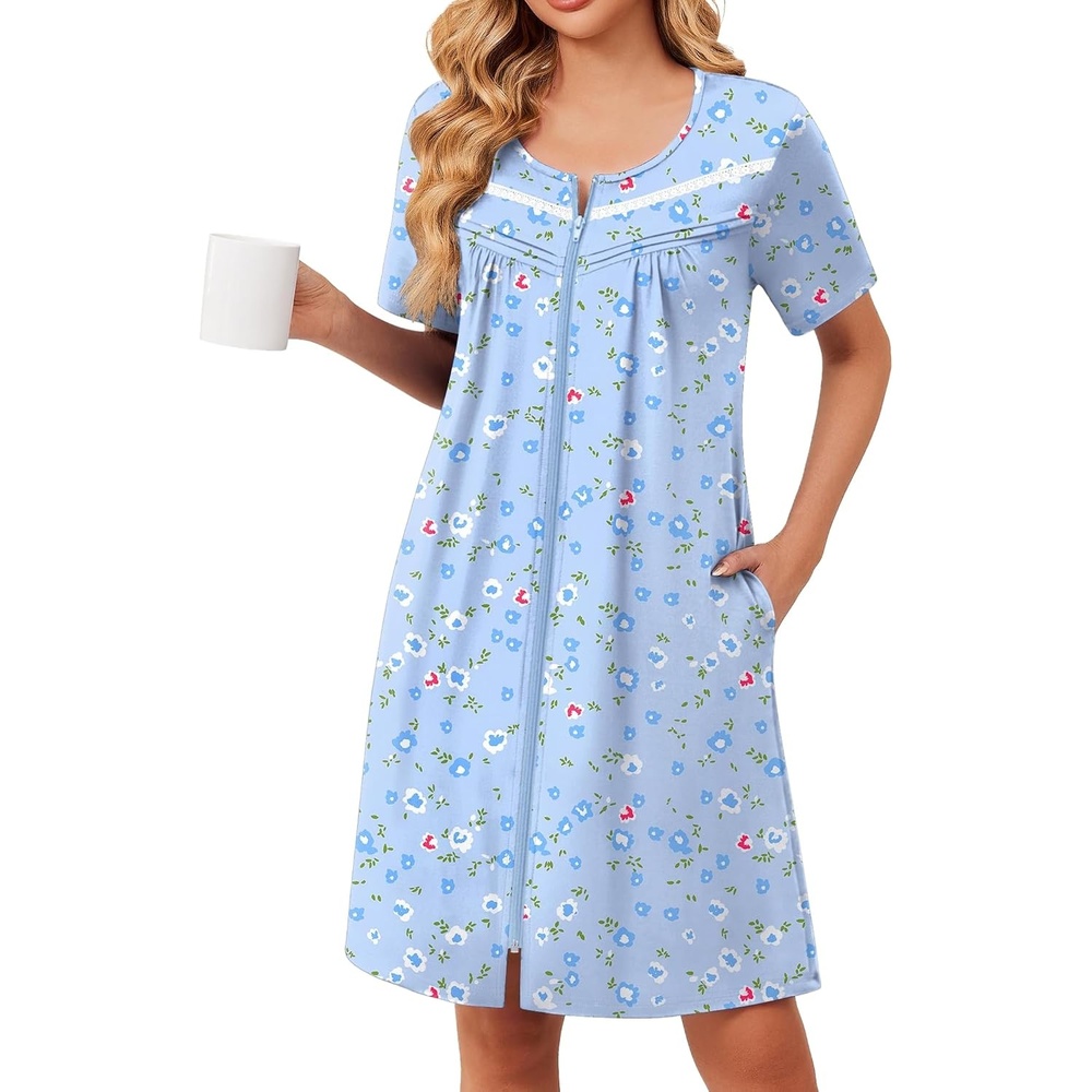 image:imageEkouaer Zipper Robes for Women Short Sleeve Housecoats Zip Up NightgownsLight Blue Floral