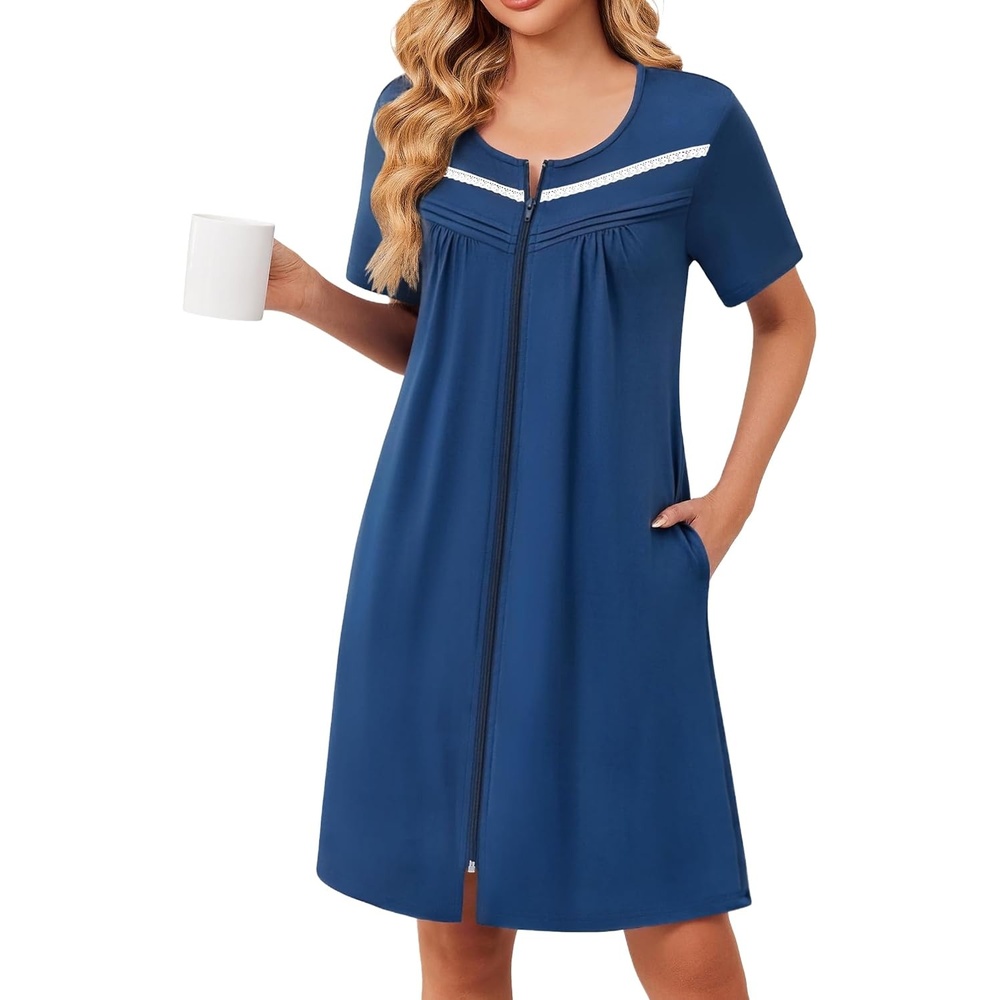 image:imageEkouaer Zipper Robes for Women Short Sleeve Housecoats Zip Up NightgownsNavy Blue