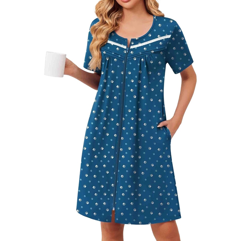 image:imageEkouaer Zipper Robes for Women Short Sleeve Housecoats Zip Up NightgownsPuppy Paws