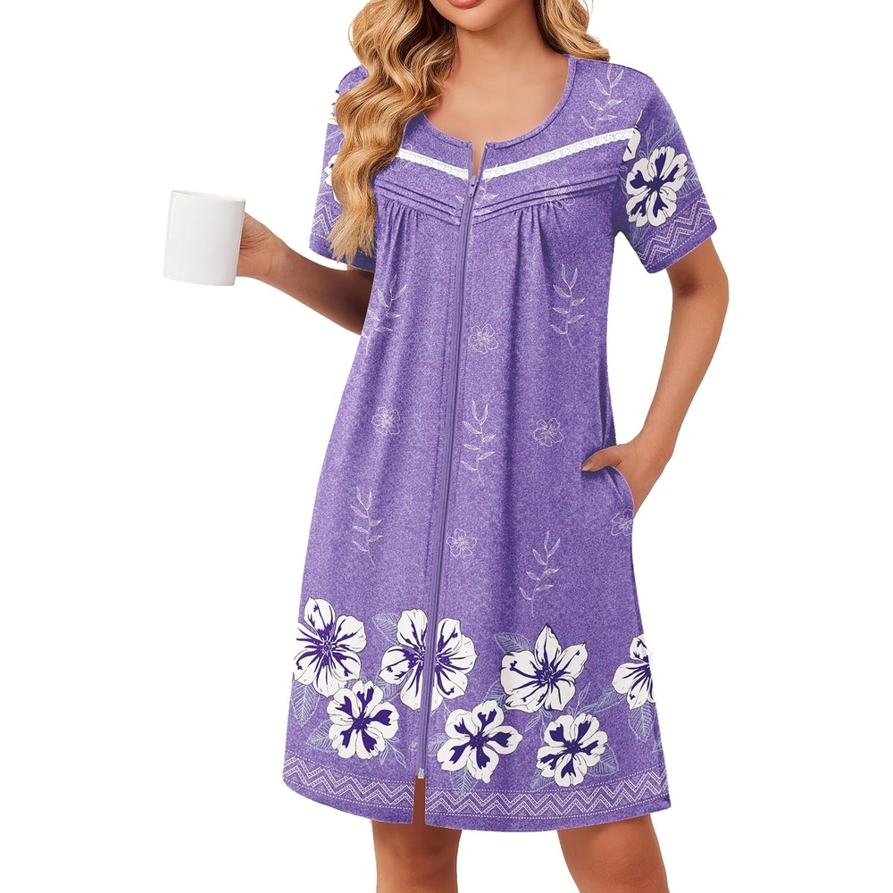 image:imageEkouaer Zipper Robes for Women Short Sleeve Housecoats Zip Up NightgownsPurple Floral