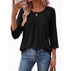 Ekouaer Womens 3/4 Length Sleeve Tops Boho Blouses Casual Pleated Shirts(Black)