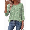 Ekouaer Womens 3/4 Length Sleeve Tops Boho Blouses Casual Pleated Shirts(Green Flower)