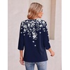 Ekouaer Womens 3/4 Length Sleeve Tops Boho Blouses Casual Pleated Shirts(Navy Flower)