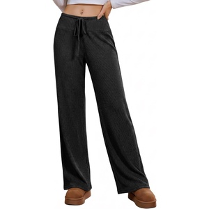 Ekouaer Women Pajama Pants 2026 Knit Ribbed PJ Bottom Sleep Lounge Pant(Black)