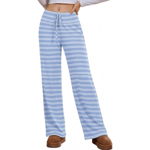 Ekouaer Women Pajama Pants 2026 Knit Ribbed PJ Bottom Sleep Lounge Pant(Blue and White Stripe)