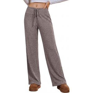 Ekouaer Women Pajama Pants 2026 Knit Ribbed PJ Bottom Sleep Lounge Pant(Brown)