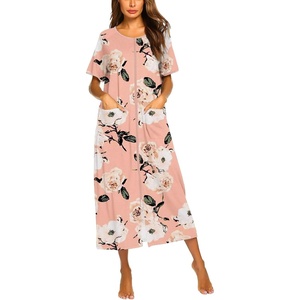 Ekouaer Women Robe Zipper Short Sleeves Full Length House Coat with Pockets