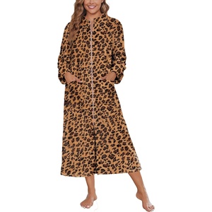 Ekouaer Women Zip Up Robe Fleece Long Sleeves Soft Housecoat with Pockets(Leopard Print)