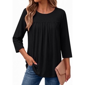 Ekouaer Womens 3/4 Length Sleeve Tops Boho Blouses Casual Pleated Shirts(Black)