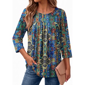 Ekouaer Womens 3/4 Length Sleeve Tops Boho Blouses Casual Pleated Shirts(Boho)