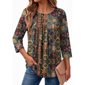 Ekouaer Womens 3/4 Length Sleeve Tops Boho Blouses Casual Pleated Shirts(Ethnic Print)