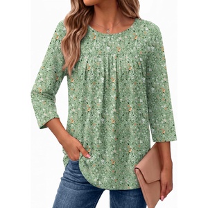 Ekouaer Womens 3/4 Length Sleeve Tops Boho Blouses Casual Pleated Shirts(Green Flower)