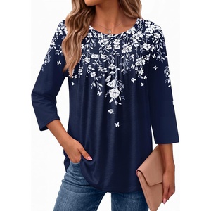 Ekouaer Womens 3/4 Length Sleeve Tops Boho Blouses Casual Pleated Shirts(Navy Flower)