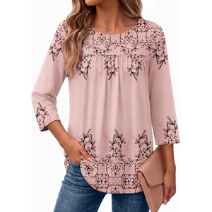Ekouaer Womens 3/4 Length Sleeve Tops Boho Blouses Casual Pleated Shirts(Pink Flower)