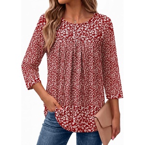 Ekouaer Womens 3/4 Length Sleeve Tops Boho Blouses Casual Pleated Shirts(Red Flower)