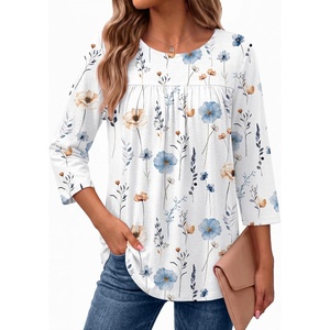 Ekouaer Womens 3/4 Length Sleeve Tops Boho Blouses Casual Pleated Shirts(White Flower)