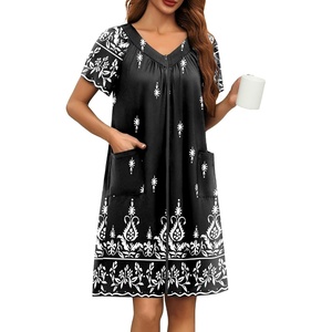 Ekouaer Women’s Zipper Front Mumu Duster Robes with Pockets Soft Housecoat(White Black Floral)