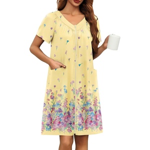 Ekouaer Women’s Zipper Front Mumu Duster Robes with Pockets Soft Housecoat(Yellow Floral)