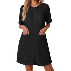 Ekouaer Zip Up Robes for Women Short Knit Bathrobe with Pockets(Black)