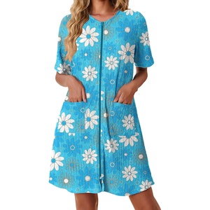 Ekouaer Zip Up Robes for Women Short Knit Bathrobe with Pockets(Blue White Flower)