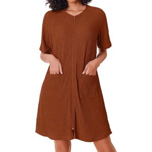 Ekouaer Zip Up Robes for Women Short Knit Bathrobe with Pockets(Caramel)