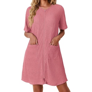 Ekouaer Zip Up Robes for Women Short Knit Bathrobe with Pockets(Coral)