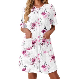Ekouaer Zip Up Robes for Women Short Knit Bathrobe with Pockets(Floral White)