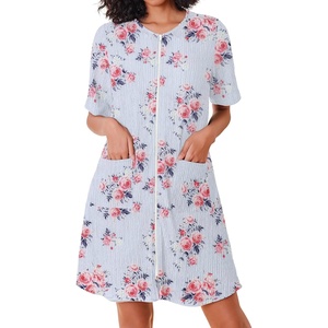 Ekouaer Zip Up Robes for Women Short Knit Bathrobe with Pockets(Light Blue Flower)