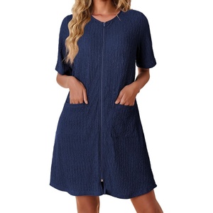 Ekouaer Zip Up Robes for Women Short Knit Bathrobe with Pockets(Navy Blue)