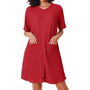 Ekouaer Zip Up Robes for Women Short Knit Bathrobe with Pockets(Red)
