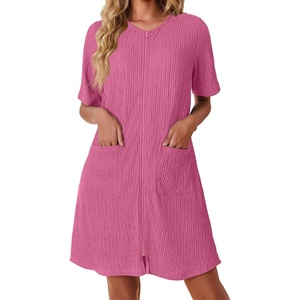 Ekouaer Zip Up Robes for Women Short Knit Bathrobe with Pockets(Rose Red)