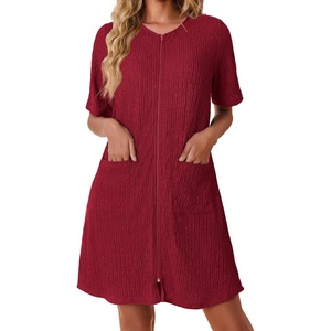 Ekouaer Zip Up Robes for Women Short Knit Bathrobe with Pockets(Wine Red)