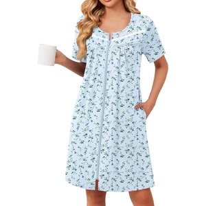 Ekouaer Zipper Robes for Women Short Sleeve Housecoats Zip Up Nightgowns(Flower Light Blue)