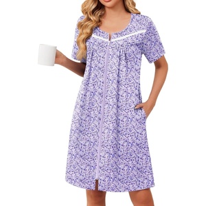 Ekouaer Zipper Robes for Women Short Sleeve Housecoats Zip Up Nightgowns(Purple Dots)
