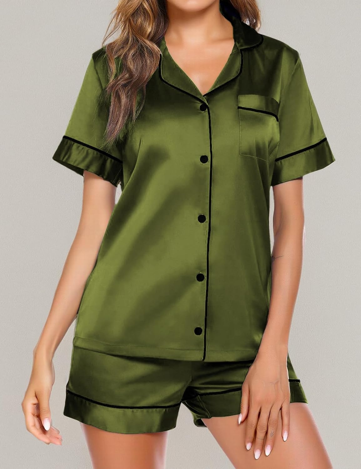 image:imageEkouaer Pajamas for Women Set Silk Satin Pjs 2 Piece Button Down SleepwearArmy Green