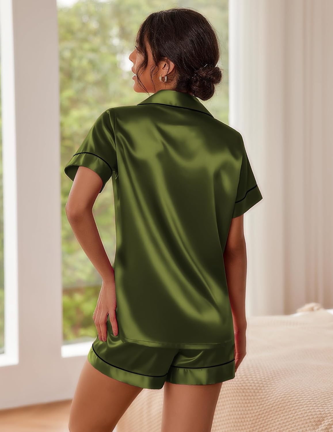 image:imageEkouaer Pajamas for Women Set Silk Satin Pjs 2 Piece Button Down SleepwearArmy Green