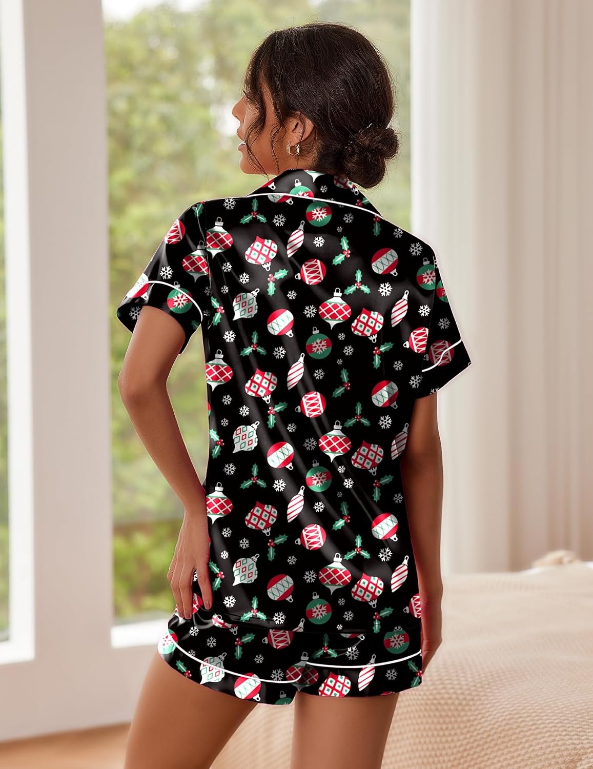 image:imageEkouaer Pajamas for Women Set Silk Satin Pjs 2 Piece Button Down SleepwearChristmas Pattern