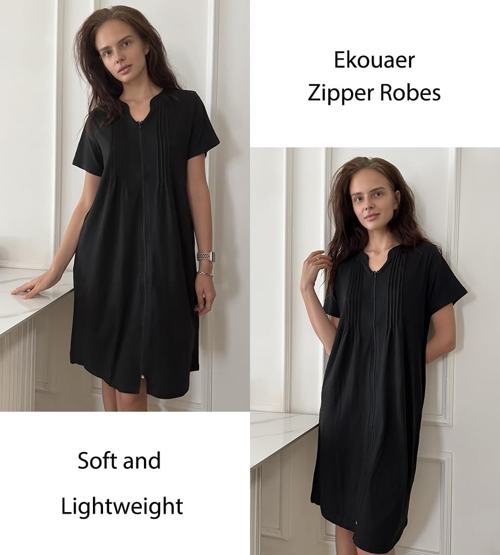 image:imageEkouaer Women Zipper Robes Short Bathrobe Lightweight House CoatBlack