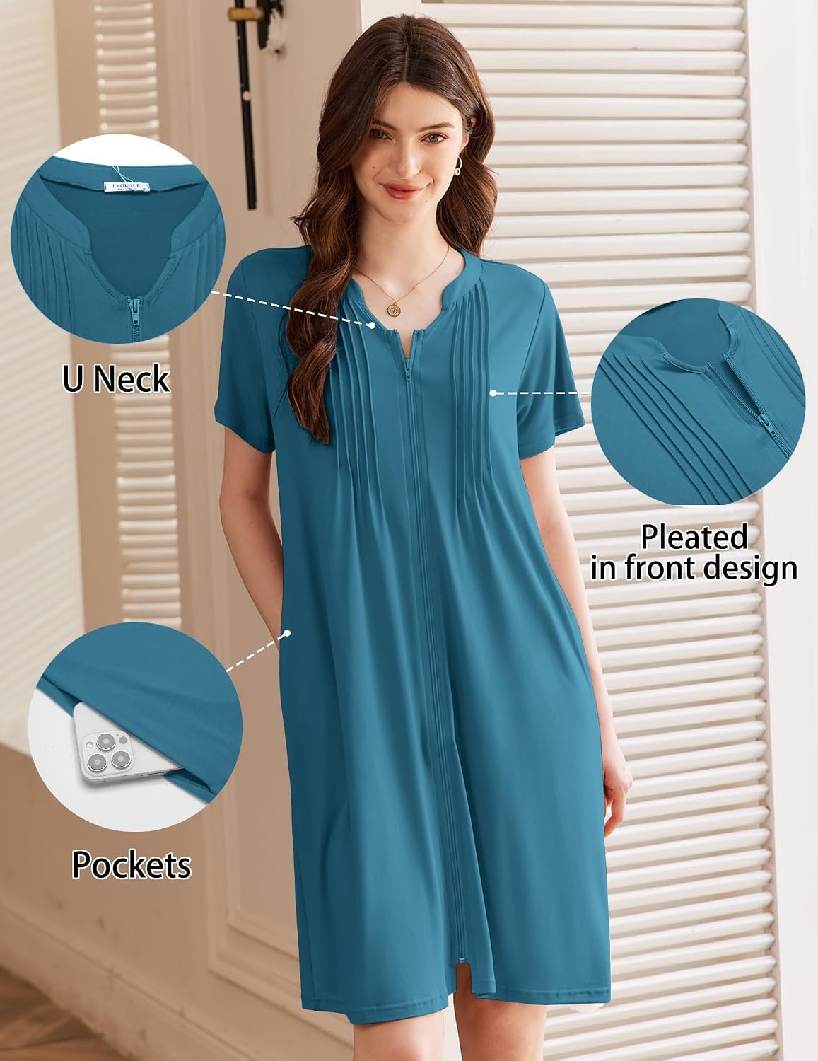 image:imageEkouaer Women Zipper Robes Short Bathrobe Lightweight House CoatBlue Green