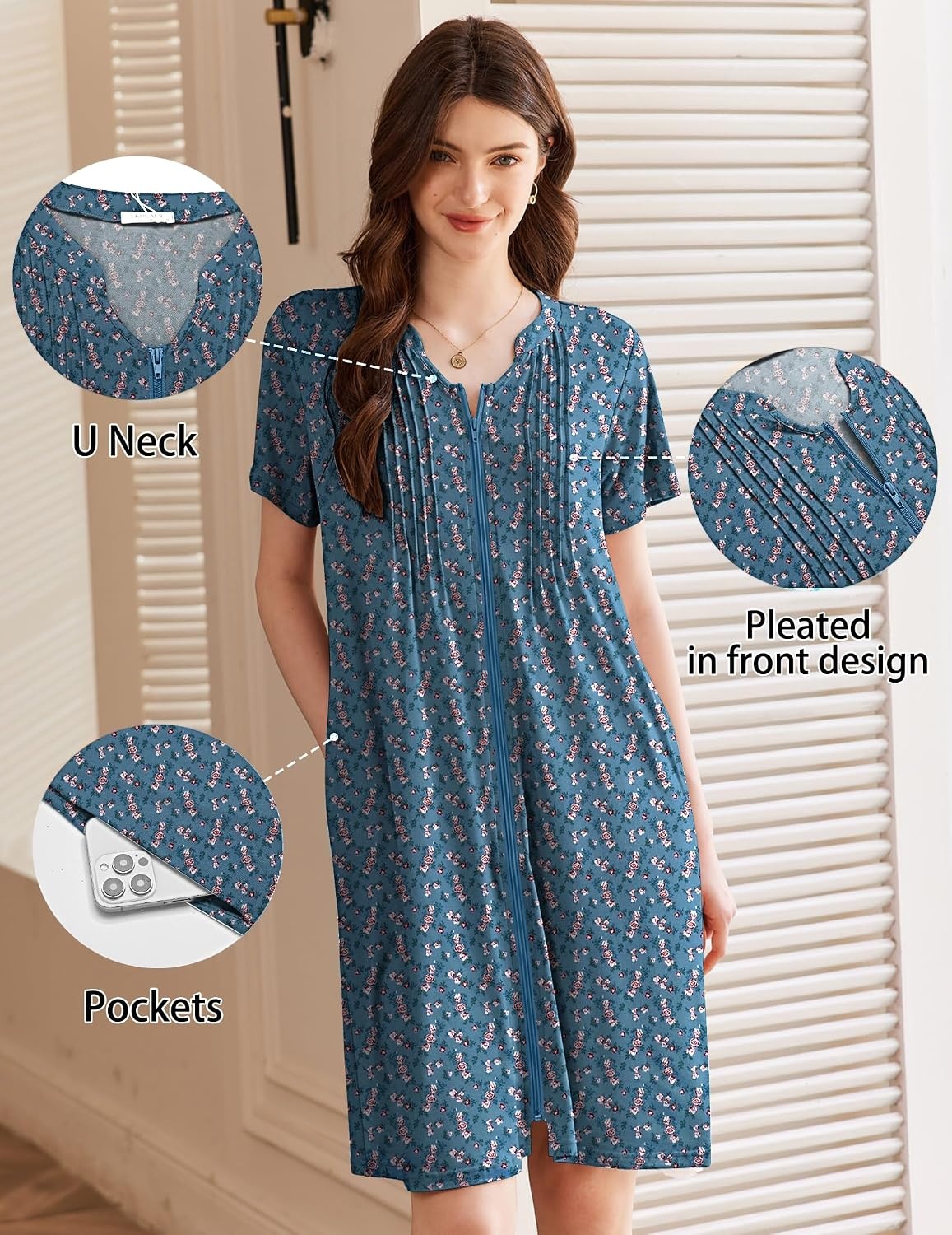 image:imageEkouaer Women Zipper Robes Short Bathrobe Lightweight House CoatFlora Light Blue
