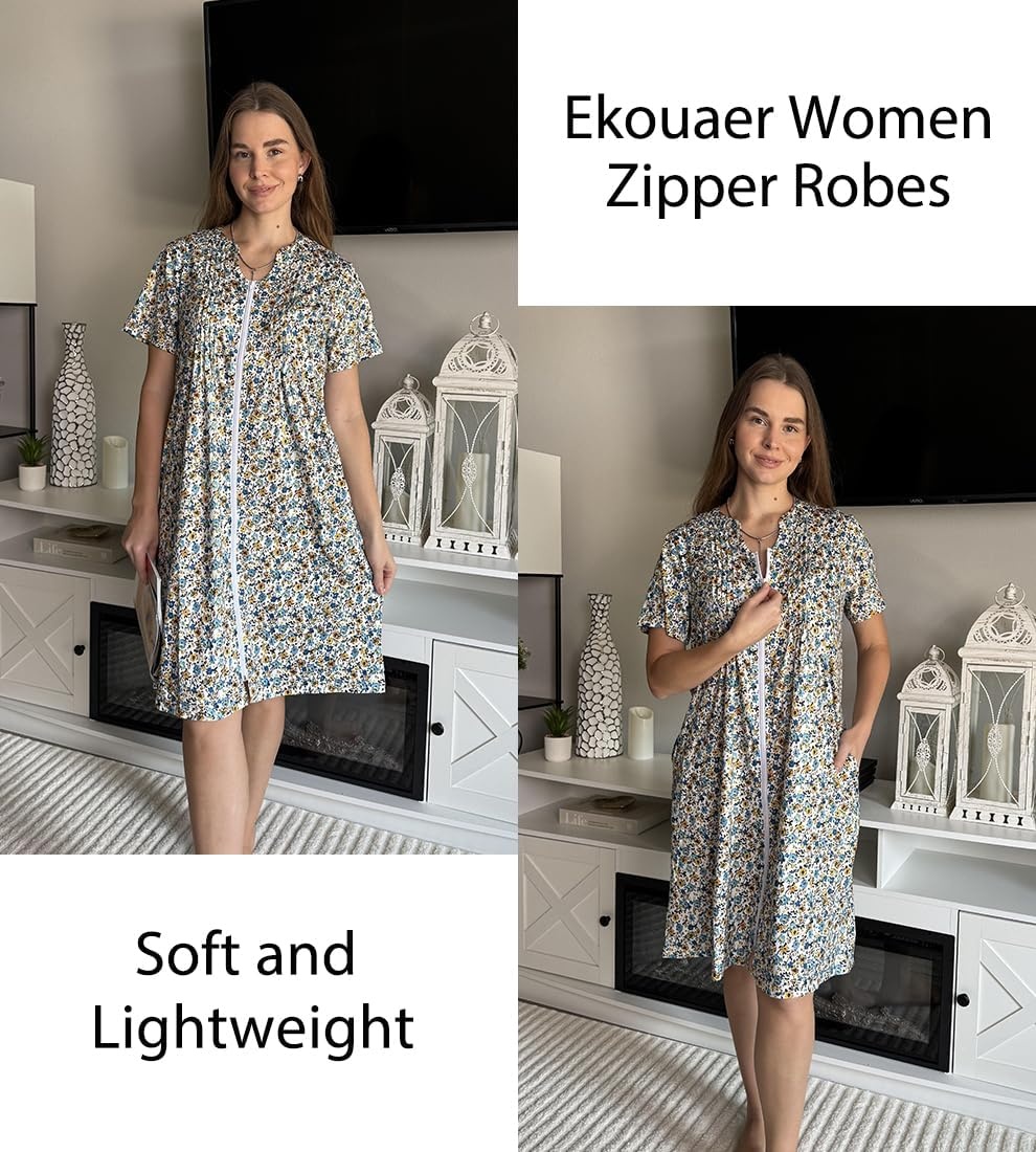 image:imageEkouaer Women Zipper Robes Short Bathrobe Lightweight House CoatFlora White