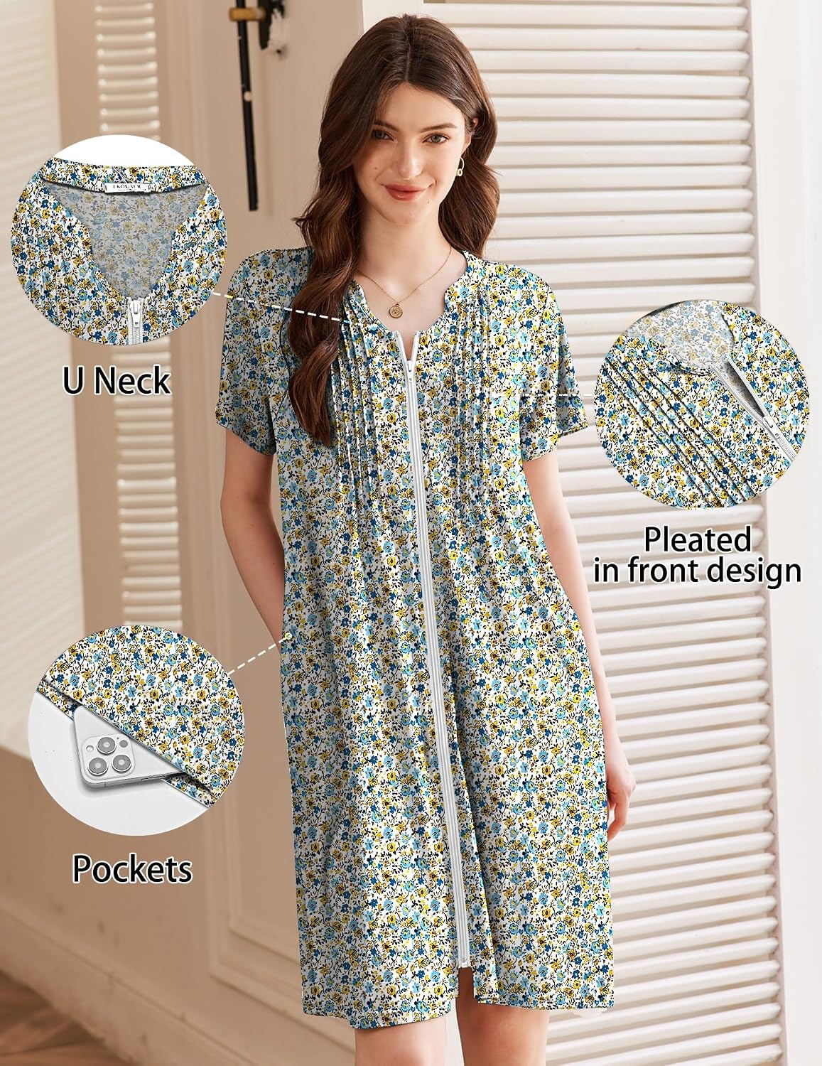 image:imageEkouaer Women Zipper Robes Short Bathrobe Lightweight House CoatFlora White