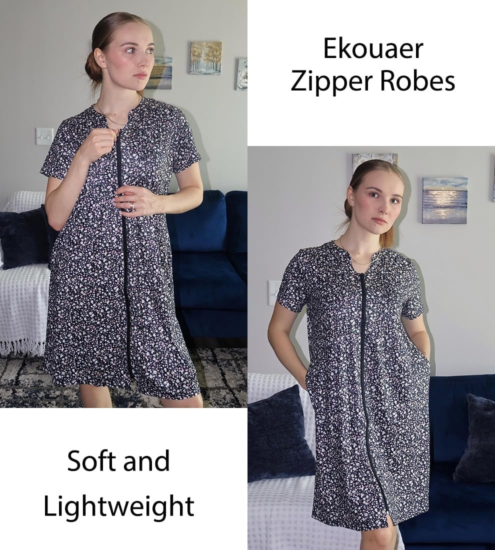 image:imageEkouaer Women Zipper Robes Short Bathrobe Lightweight House CoatFloral Blue