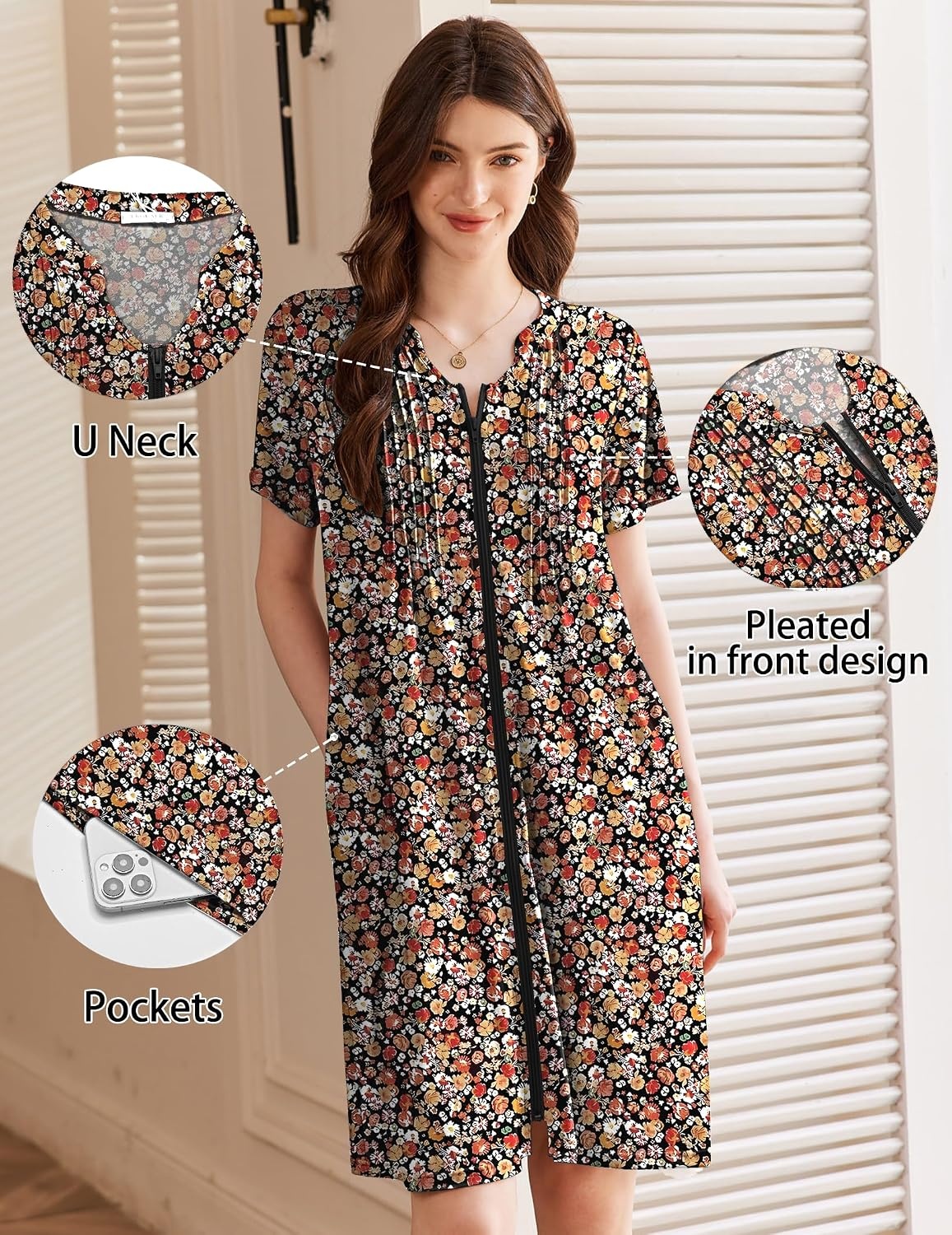 image:imageEkouaer Women Zipper Robes Short Bathrobe Lightweight House CoatFloral Colorful