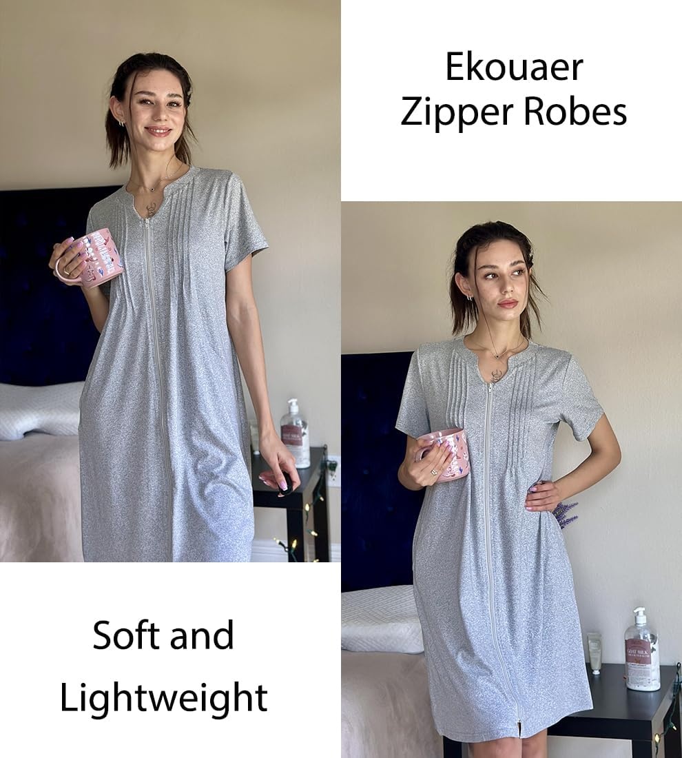 image:imageEkouaer Women Zipper Robes Short Bathrobe Lightweight House CoatLight Grey